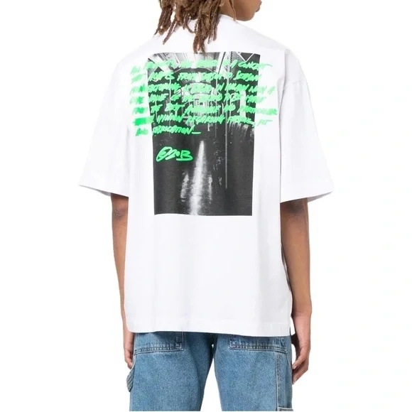 Off-White White Tee with Green Graphic - Picture 2 of 4
